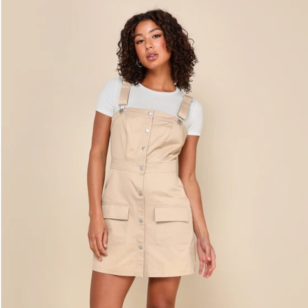 Beige Twill Button-Up Overall Mini Dress